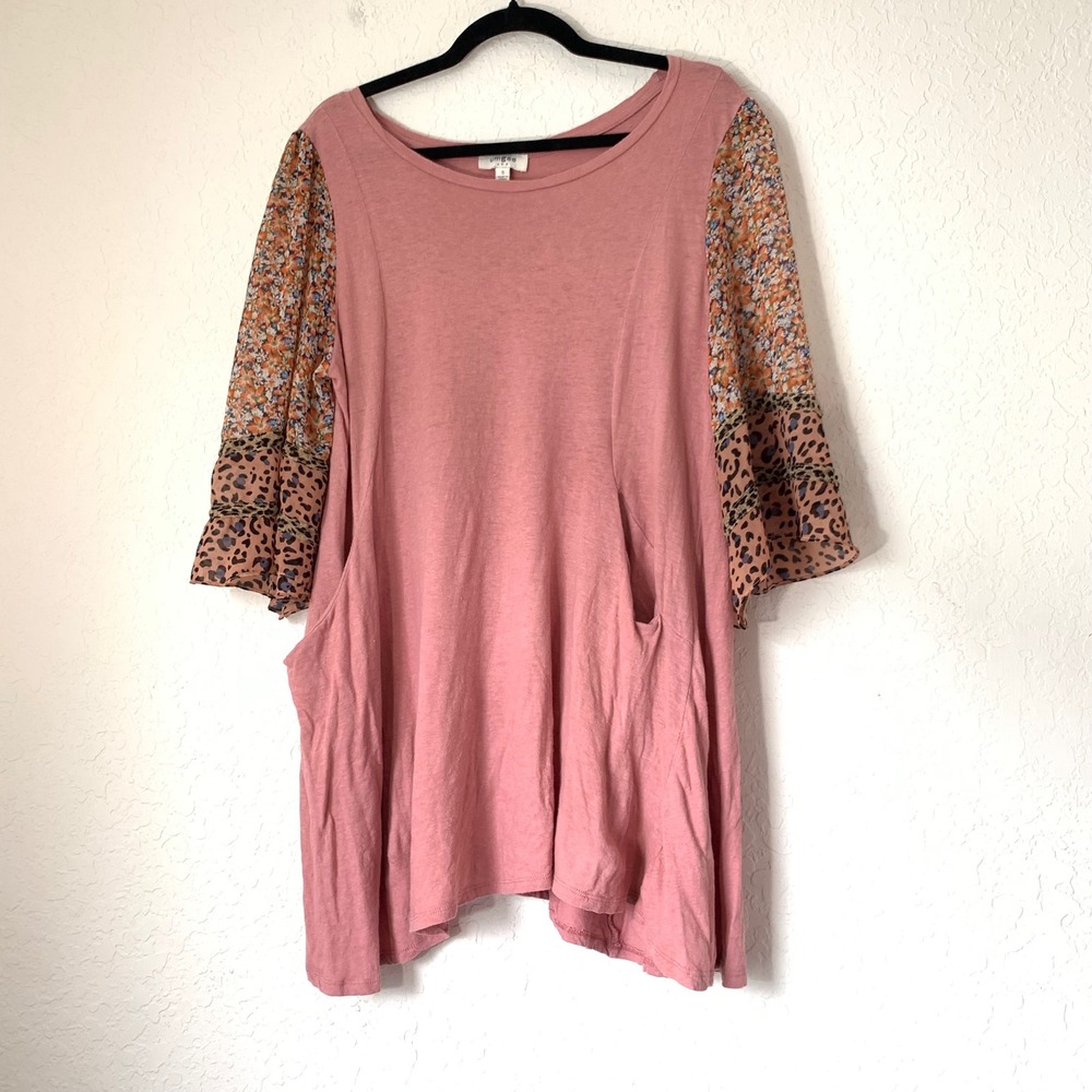 Umgee Mini Dress Women S Pink Floral Leopard Bell Sleeve Linen Blend Boho Lagen